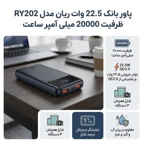 پاور بانک 22.5 وات ریان مدل RY202 ظرفیت 20000 میلی آمپر ساعت همراه کابل USB-C
