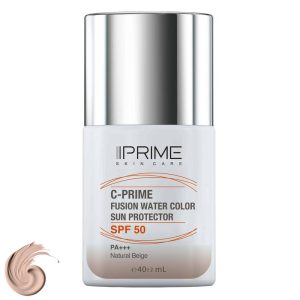فلوئید ضد آفتاب رنگی پرایم، SPF 50، مدل فیوژن واتر، مناسب انواع پوست با تنالیته متوسط و حجم 40 میلی لیتر، محافظت‌کننده در برابر اشعه‌های PA++++ ،UVA ،UVB، دارای فرمولاسیون فاقد چربی، ویتامین سی و آنتی اکسیدان، با ماندگاری 4 ساعته