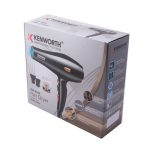 سشوار حرفهای کنورث مدل KW-9040 با موتور AC قدرتمند 9000 وات، تنظیمات دما سه حالته، دو سرعت، فناوری یونیزاسیون، باد سرد برای تثبیت حالت، طراحی کمصدا، همراه با متمرکزکننده باریک و پهن